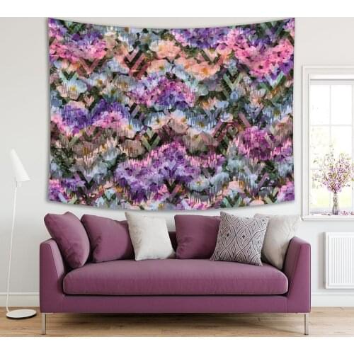 Tapestry Flowers on Zigzag Geometric Pattern Wild Meadow Fields Colorful Froral Design Artwork Purple Pink Green