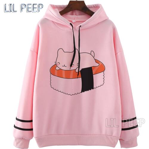 Kawaii Gothic Womens Clothing Cute Sushi Cat Streetwear Casual Hoodies O-Neck White Pink Hoodie Sweatshirt Funny Kpop Clothes
