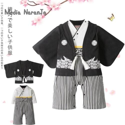 Boy long-sleeved baby one-piece striped romper+ black coat 2pcs Japanese style printed kimono infant birthday clothes