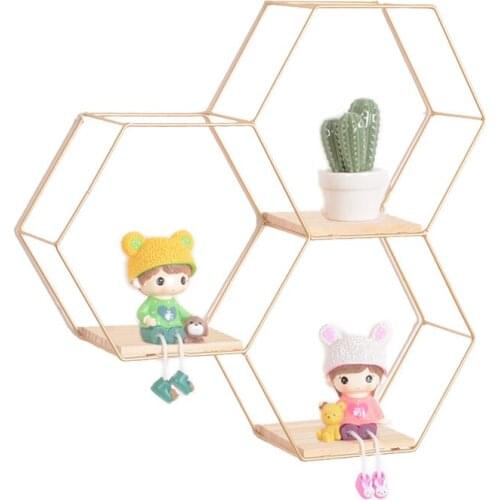Creative hexagon metal glass Wall mount Room home decor living room bedroom modern Simple Wall shelf geometric shelf