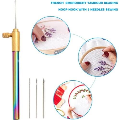 French Embroidery Crochet Hook with 3 Needles Hand Crochet Embroidery Beading Hoop Needle Knitting Sewing Craft Crochet Hooks