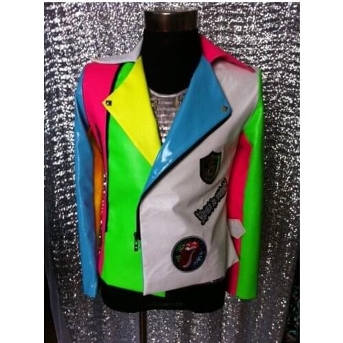 Male singer white Colorant match milk Leather Jacket Nightclub Dj Singer performance outerwear