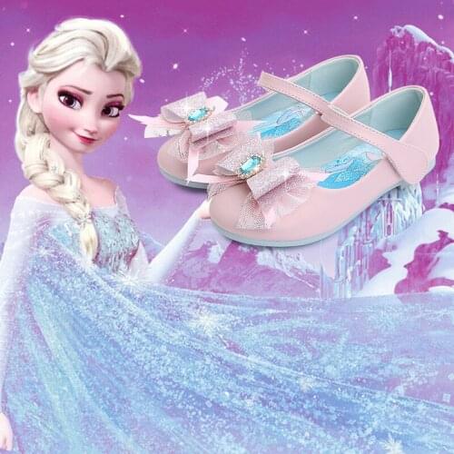 Disney cartoon leather fashion girl shoes flashing Frozen elsa princess solid color princess shoes bow performance shoes