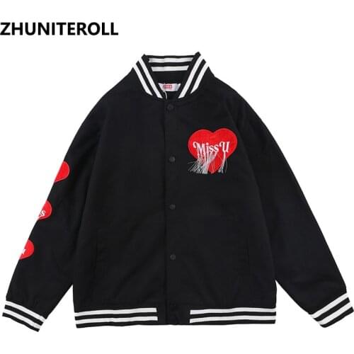 2021 Heart Embroidery Harajuku Tassel Button Jacket Men Bomber Fashion Baseball Coats Streetwear High Street Black Tops Clothing