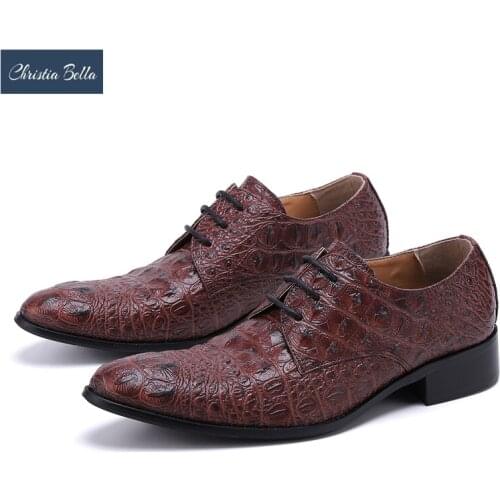 Christia Bella British Style Brown Genuine Leather Men Shoes Stone Pattern Business Office Oxford Shoes Lace Up Brogue Shoes