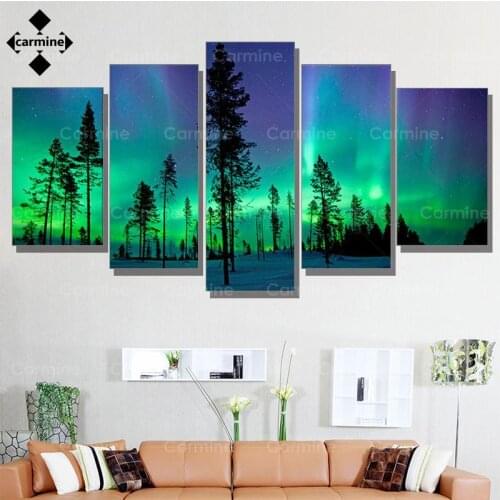 Green Aurora Borealis Modern Printing Painting Nature Forest Wall Art Picture Hd Printed 5 Pieces for Living Room Decor No Frame