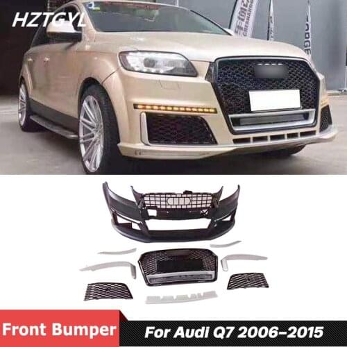 Unpainted PP Material Front Bumper With Racing Grills Led Light For Audi Q7 Facelift RS7 Style 06-15