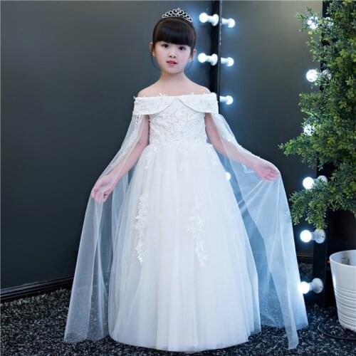 2017 Autumn Shoulderless Flower Girl Dresses Girls White Lace Birthday Wedding Party Princess Dresses First Communion Gown