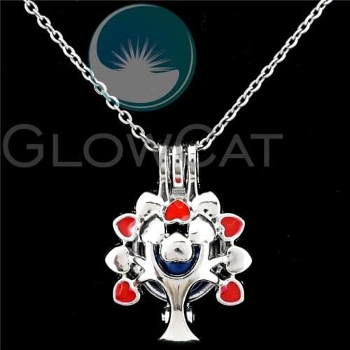 Red Enamel Tree of Life Beads Pearl Cage Perfume Diffuser Pendants Locket Necklace K1121