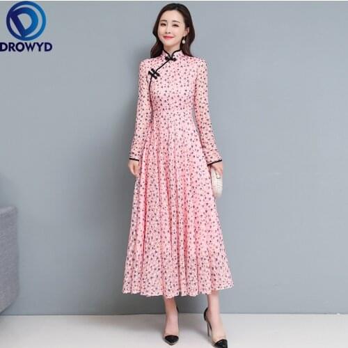 Spring Summer New Cheongsam Lace Dress High Waisted Self-cultivation Floral Big Swing Temperament Ladies Dresses Woman Cllothing
