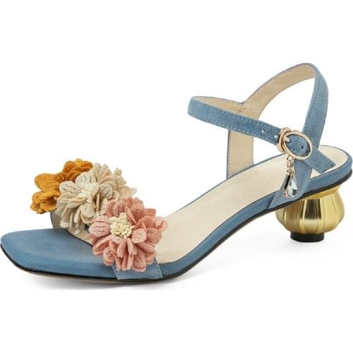 Fashion Sweet Flowers Women Sandals Suede Leather Summer Shoes Woman Square Toe Medium Heels Elegant Party Office Shoes Female