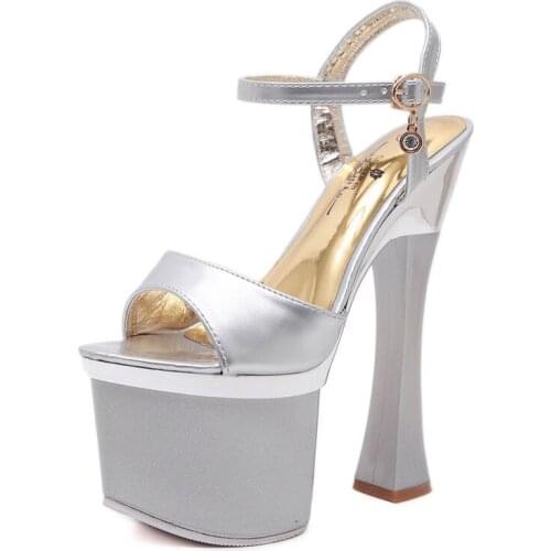 Brand Women Sandals Summer 17.5CM Spike High Heels Patent Leather Buckle Strap Open Toed waterproof platform Party shoes women