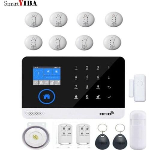 SmartYIBA 2G GSM SIM Alarm Infrared Detector Door Sensor 433Mhz Smoke Detector Kits Home Burglar Wifi/GSM/GPRS/SMS Alarm System