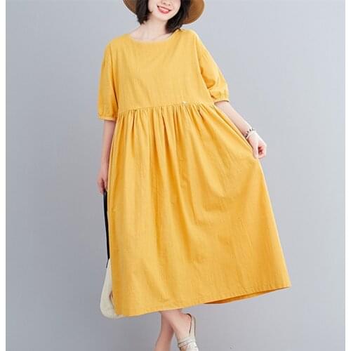 Uego Short Sleeve Loose Summer Dress Soft Cotton Linen Button Office Lady OL Work Dress Plus Size Women Holiday Casual Dress