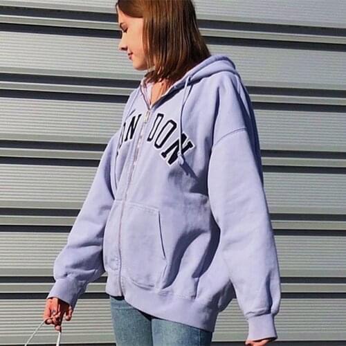 England Retro Letter Embroidery Zip Up Hoodie Jacket Women Oversized Sweatshirt 2021 Autumn New Streetwear Fashion Teens Clothes
