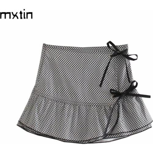 2021 Women Summer Vintage Houndstooth Mini Skirt Chic Bow Tie Ruffle Streetwear Ladies Skirts Casual Japan Faldas Vestidos Mujer
