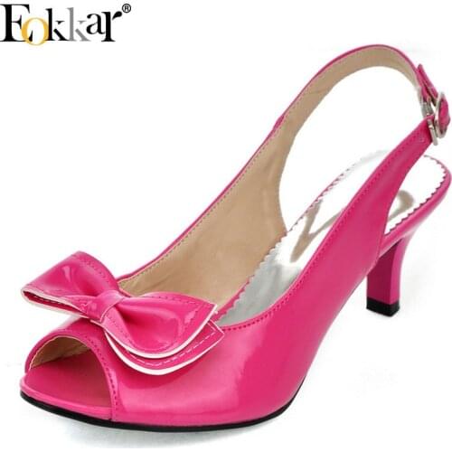 Eokkar 2019 Women Peep Toe Pumps Slingback Fashion Kitten Heel Pumps Women Shoes Ladies Hot Pink Pumps Plush Size 34-45