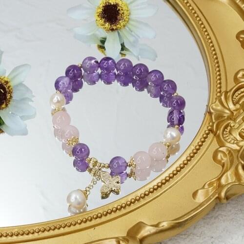 2021 New Butterfly Pendant Purple Pink Crystal Natural Freshwater Pearls Beaded Bracelets for Women Girls Fashion Jewelry YBR483