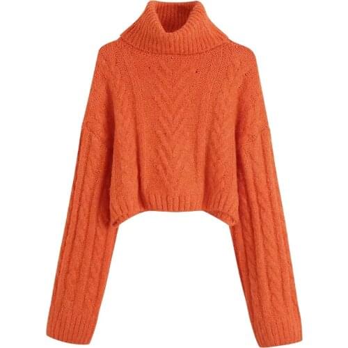 ZA Women 2020 Fashion Thick Warm Cropped Knitted Sweater Vintage High Neck Long Turn-up Sleeves Female Pullovers Chic Tops
