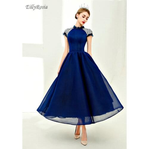 Vintage Dark Blue Prom Dresses for Party High Neck Crystals Beading Special Occasion Formal Dress Women Elegant robe de soire