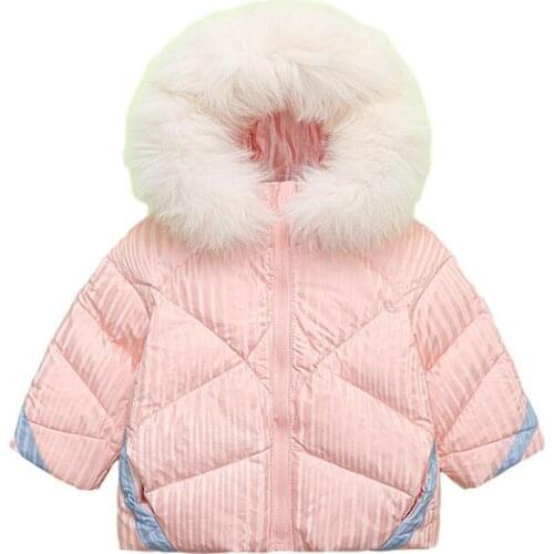 Winter Baby girls thickening hooded cute white duck down big fur collar snowsuit little kids clothes children windbreaker outfit