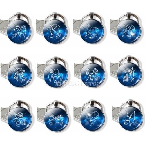12 Zodiac Constellations Birthday Gift Cute Cabochon Signs Keyring Aries Leo Keychain Virgo Pisces Key Chain Ring Pendant Women