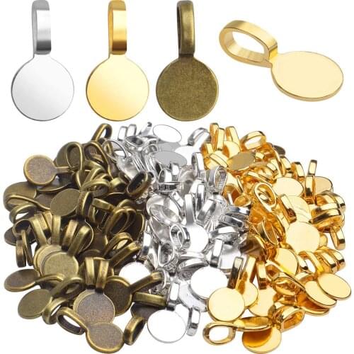 150pcs Tibetan Round Glue-on Alloy Flat Pad Bails Pendant Cabochon Connector for Jewelry Making, 18x10mm, Golden, Silver, Bronze
