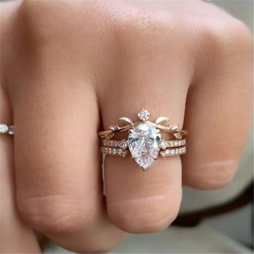 2 PCS/Set Trendy Water Drop Cubic Zircon Wedding Ring Set For Women Party Engagement Jewelry Copper Hand Accessories Size 5-11