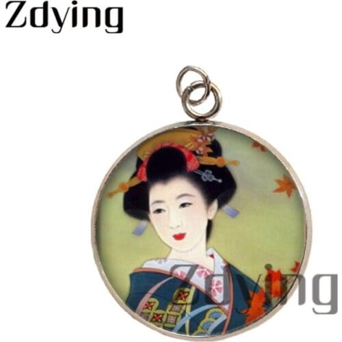 Zdying 2pcs/lot Retro Japan Girls Woman Glass Cabochon Charms Stainless Steel Pendants Jewelry Charm Accessories JG019