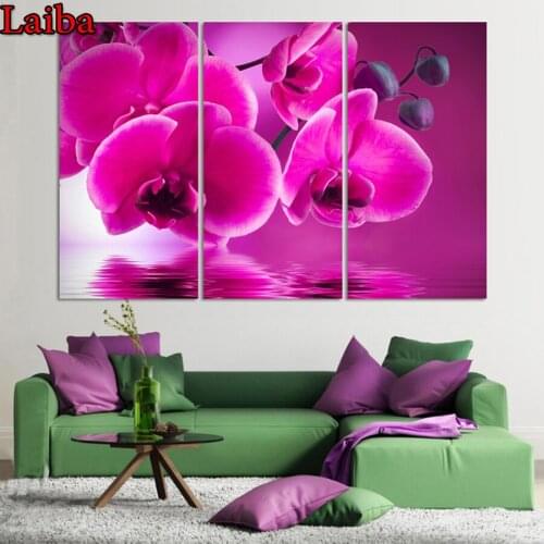 3 Panel Orchid Flower Full Square Diamond Mosaic 5D DIY Diamond Painting Cross stitch pink Diamond Embroidery Rhinestone decor