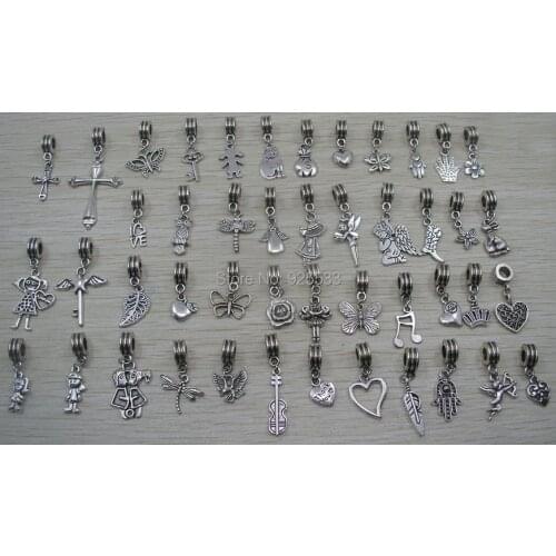 Free shipping 50pcs mix style antique silver big hole round beads pendant charms fit European snake bracelet jewelry DIY