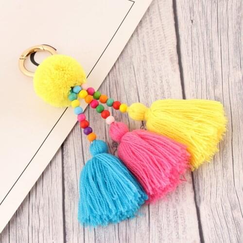 Bohemian Handmade Wood Beads Tassel keychain Bag Charm Boho Colorful Pompon Keyring Women Strawbag Decoration