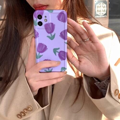 Tobebest Purple Tulip Pattern Phone Cases for iPhone 12 11 pro max X XS XR 7 8 Plus Soft IMD Back Cover