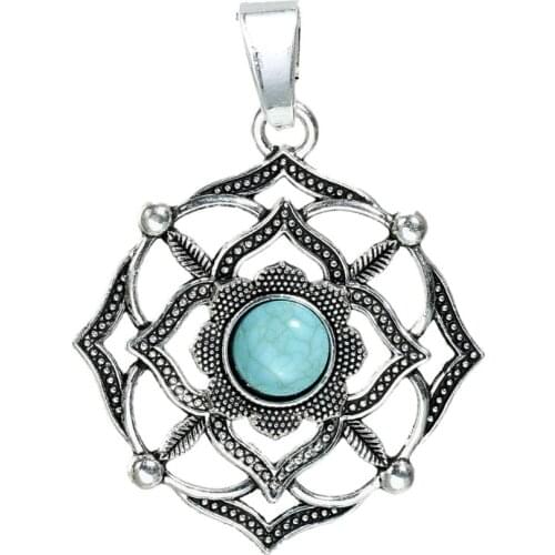 DoreenBeads Zinc Based Alloy silver color Green Sahasrara Hollow Yoga Healing Pendants Flower DIY Components 68mm x 51mm, 2PCs