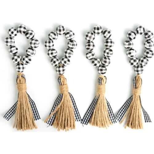 Plaid Wood Bead Napkin Rings,Buffalo Checked Beads Napkin Holder with Tassels,Wooden Napkin Buckle for Christmas Decor