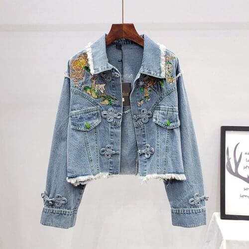 2021 Women Denim Jacket For Feminine Spring Autumn Floral Appliques Embroidery Coat Long Sleeve Tassel Outerwear Female Clothes