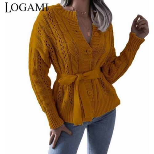 LOGAMI 2021 Autumn Winter New Womens Twist Button Knitted Cardigan Women Casual Sweater