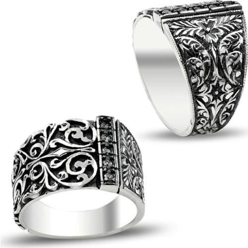 Ottoman Motif Ring Mens Silver Ring Zircon Stone Handmade Vintage Ring Oxidized Ring Made in Turkey Solid 925 Sterling Silver