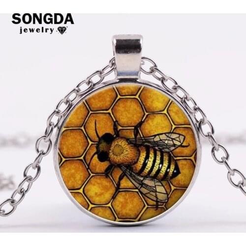 SONGDA Gold Color Queen Bee Honeycomb Pattern Long Necklace Women Glass Cabochon Gem Pendant Fashion Brand Jewelry Creative Gift