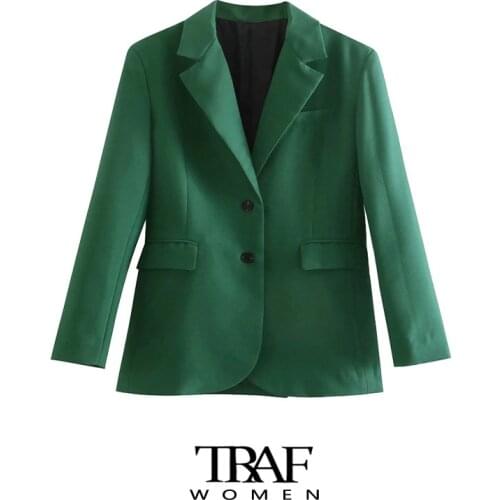TRAF Za Women Fashion Office Wear Single Breasted Blazer Coat Vintage Long Sleeve Flap Pockets Female Outerwear Chic Veste