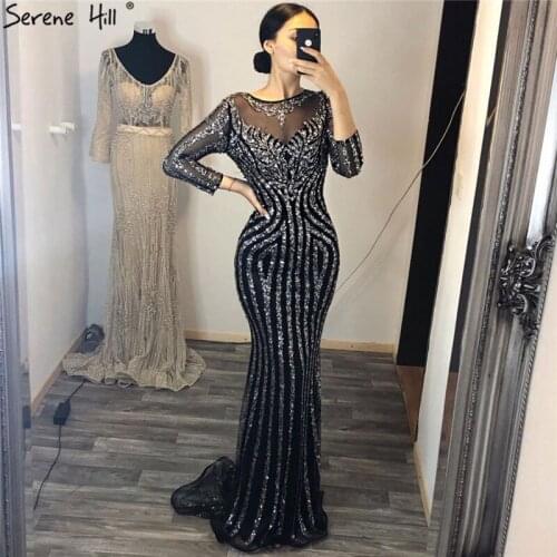 Luxury Illusion Back Dubai Mermaid Evening Dresses 2020 Real Picture Crystal Beaded Sequins Long Prom Dress BLA6591