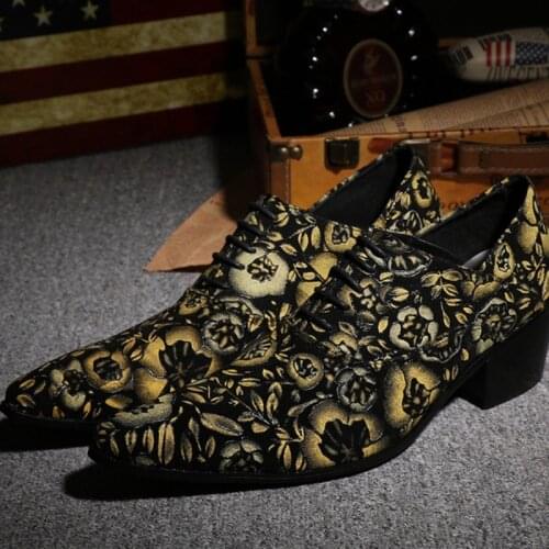 Christia Bella Floral Men Party Dress Shoes Mid Heel Real Leather Oxford Shoes Pointed Toe Wedding Lace Up Men Shoes Footwear