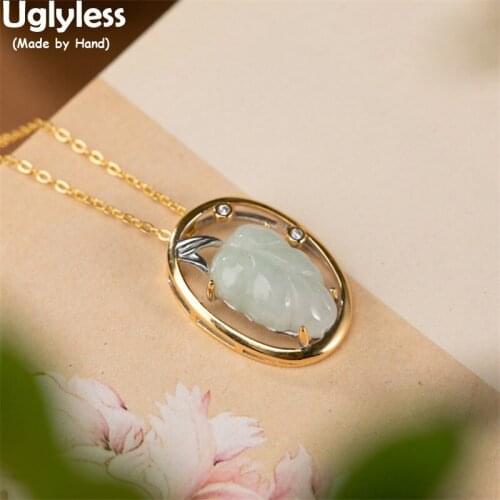 Uglyless Ethnic Handmade Bamboo Leaves Jewelry for Women Natural Emerald Leaf Pendants Necklaces NO Chains 925 Silver Necklaces