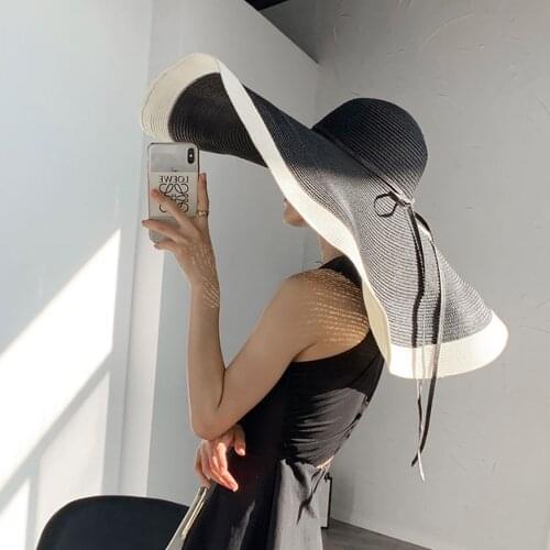 Ins Female Oversized Straw Hats UV Protection Sun Protection Flat Eaves Foldable Dome Cap Stitching Color Hats For Women