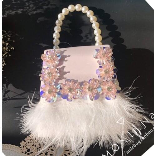 Women Box Handbag Ostrich Fur Feather Evening Bag Diamond Flower Clutch Bag Luxury Handbag Banquet Party Purse Shoulder Bag