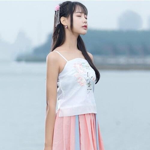 Women Hanfu Top White Embroidery Festival Outfit Rave Performance Camisole Chinese Dancing Tops Singer Folk Stage Wear DF1224
