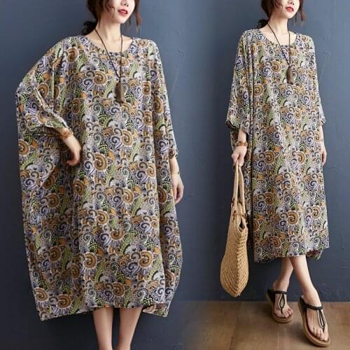 Plus Size 4XL 5XL 6XL 7XL 8XL Cotton Maxi Dress Women Vintage Batwing Sleeve Art Print Boho Dress Robe Female Linen Beach Dress