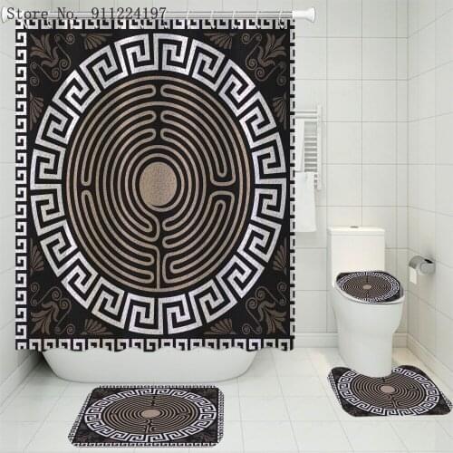 4 Piece Fashion Black And White Geometric Polyester Shower Curtain Set Non-Slip Rug Toilet Cover Bath Mat Bathroom Accessories
