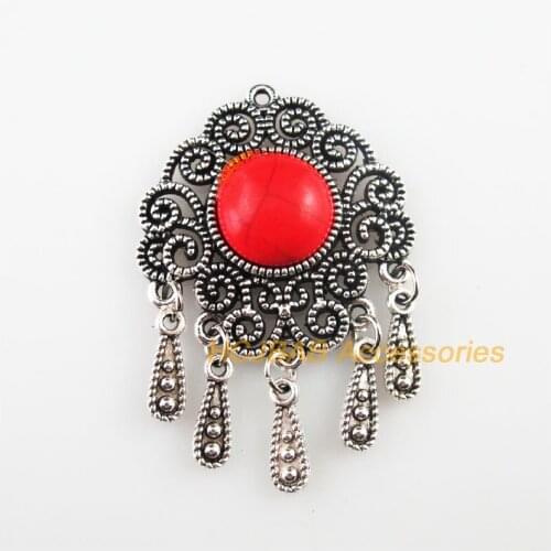 4Pcs Retro Tibetan Silver Flower Teardrop Tassels Red Charms Pendants 30x45mm