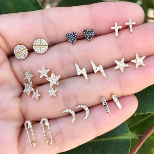 9 Pair Small Stud Earrings For Women Mini Star Moon Geometric Crystal Earrings Set Korean Style Earings Fashion Jewelry Gifts